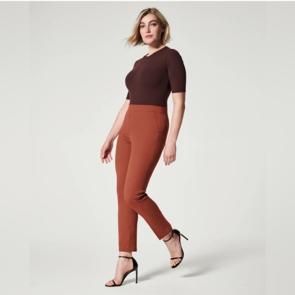 NWT Spanx On The Go ankle slim straight leg bronze glow burnt orange pants sz XS